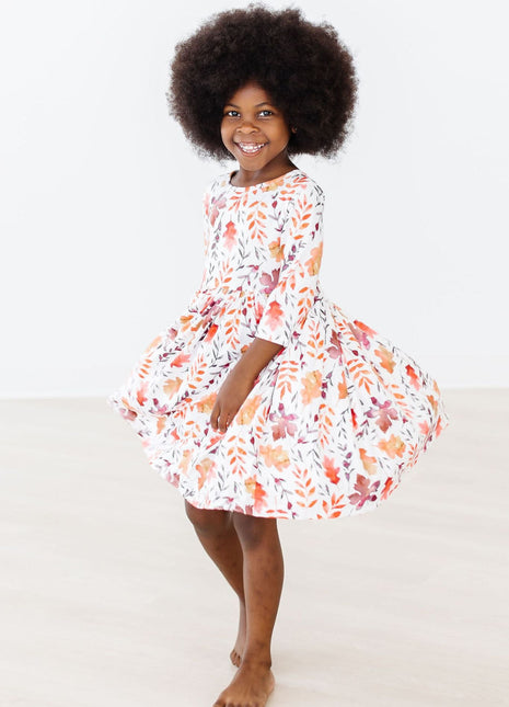 Model Wearing Mila & Rose Falling Leaves 3/4 Sleeve Pocket Twirl Dress 
