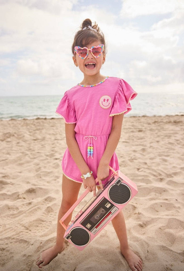 Model Wearing Lola And The Boys Pink Gems Emoji Romper