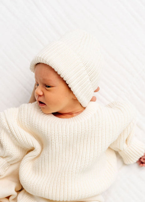 Model Wearing Lou Lou & Company Knit Beanie - Ivory