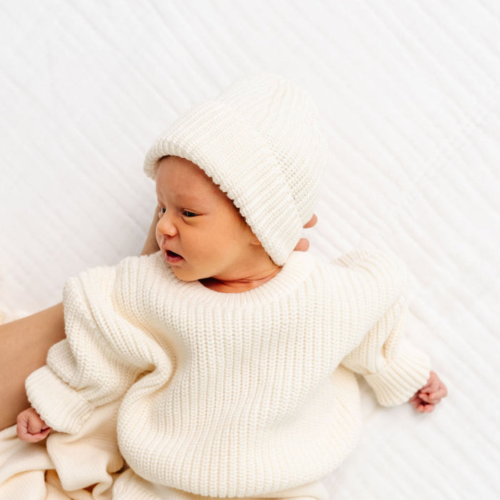 Model Wearing Lou Lou & Company Knit Beanie - Ivory