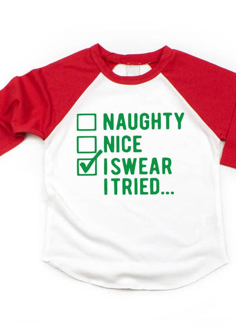 Bump & Beyond Designs Naughty Nice I Swear I Tried, Christmas Shirt For Kids Baby