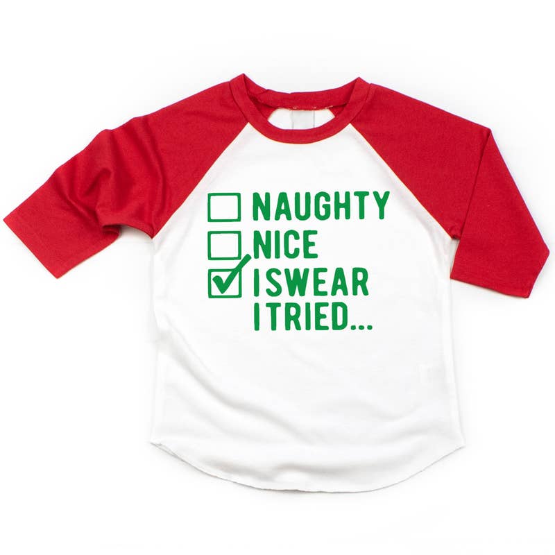 Bump & Beyond Designs Naughty Nice I Swear I Tried, Christmas Shirt For Kids Baby