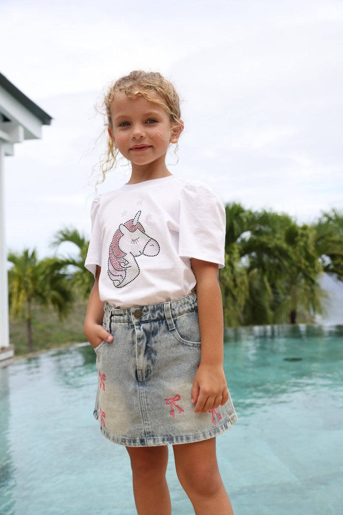 Model Wearing Lola And The Boys Cutie Bows Denim Skirt