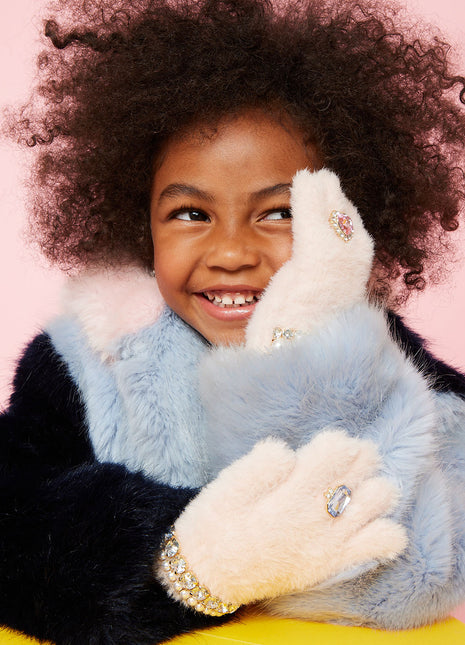 Model Wearing Super Smalls Cotton Candy Jeweled Gloves