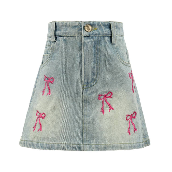 Lola And The Boys Cutie Bows Denim Skirt Front