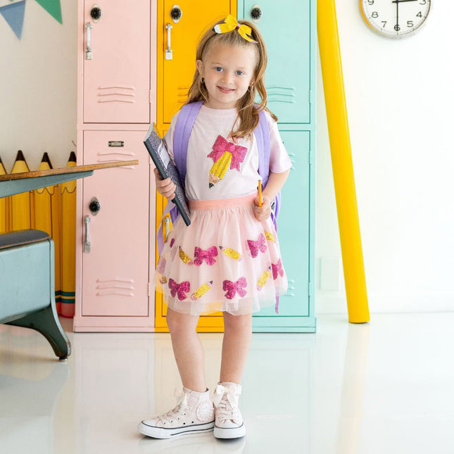 Model Wearing Sweet Winks Pencil Bow Sequin Patch Short Sleeve T-Shirt - Ballet