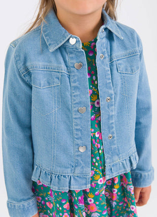 Model Wearing Rufflebutts & Ruggedbutts Girls Light Wash Denim Stretch Denim Ruffle Jean Jacket with Heart Buttons