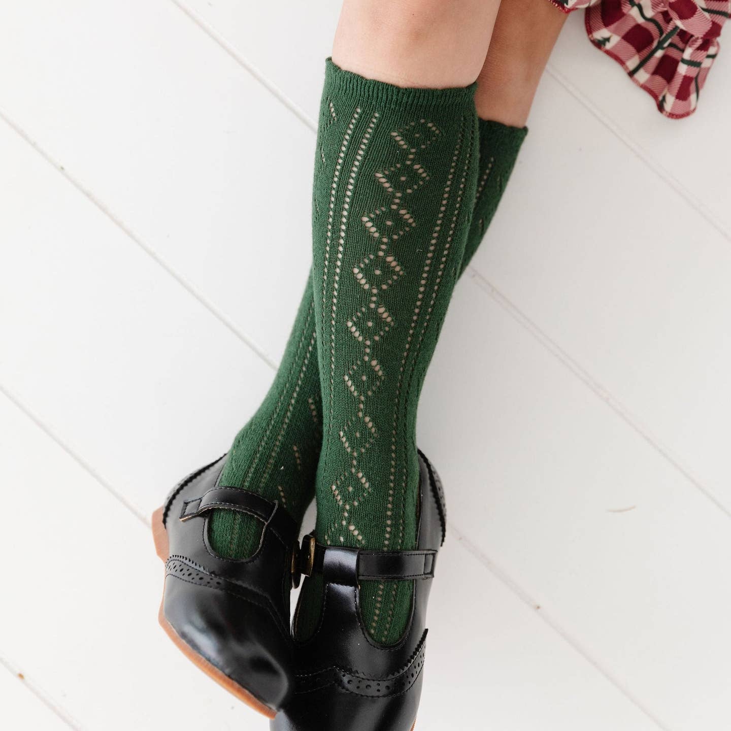 Model Wearing Little Stocking Co. Scalloped Fancy Knee High Socks - Forest
