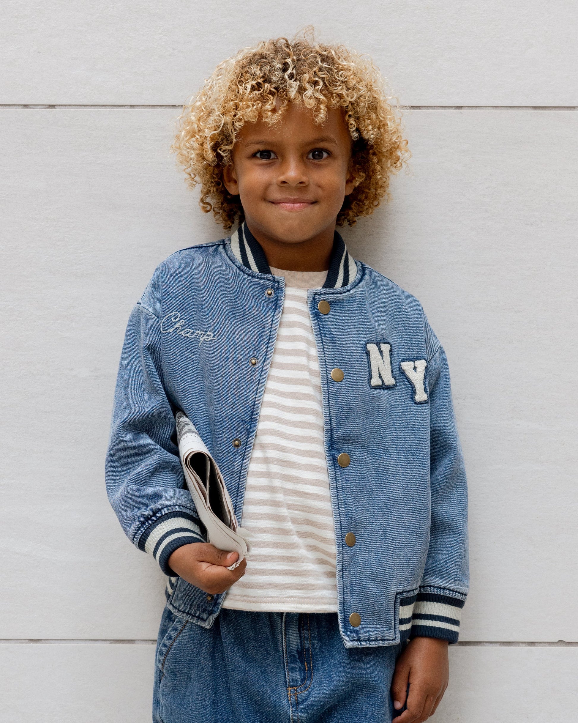 Model Wearing Rylee & Cru Varsity Jacket || Indigo Denim