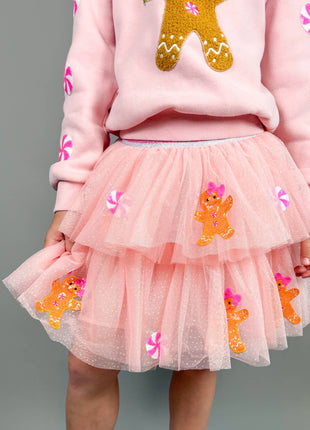 Model Wearing Three Wildflower Designs Holiday Gingerbread Patched Tulle Skirt | Christmas 