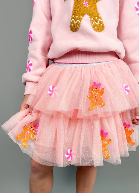 Model Wearing Three Wildflower Designs Holiday Gingerbread Patched Tulle Skirt | Christmas 
