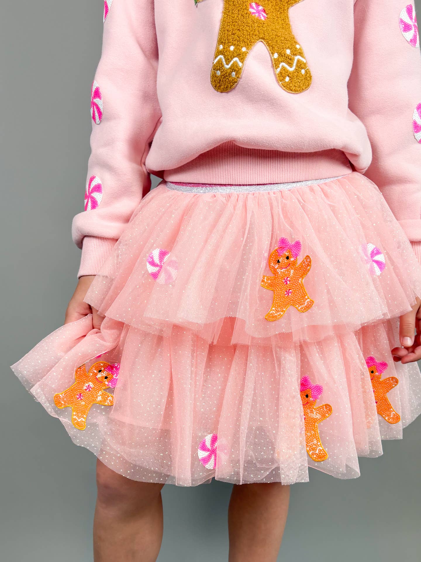 Model Wearing Three Wildflower Designs Holiday Gingerbread Patched Tulle Skirt | Christmas 