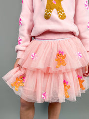 Model Wearing Three Wildflower Designs Holiday Gingerbread Patched Tulle Skirt | Christmas 