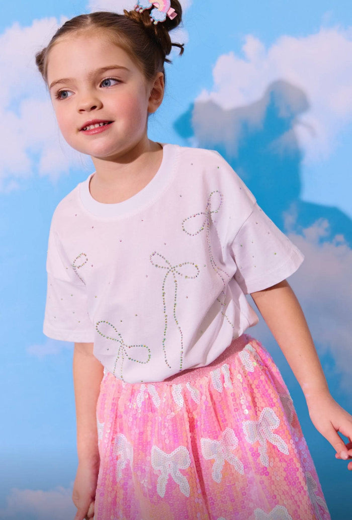 Model Wearing Lola And The Boys Crystal Bows T-shirt