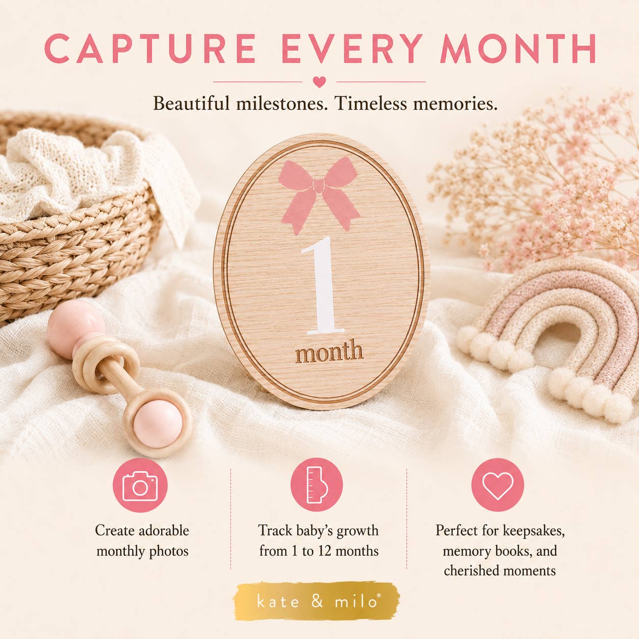Kate & Milo Bow Wooden Monthly Milestone Photo Props Discs