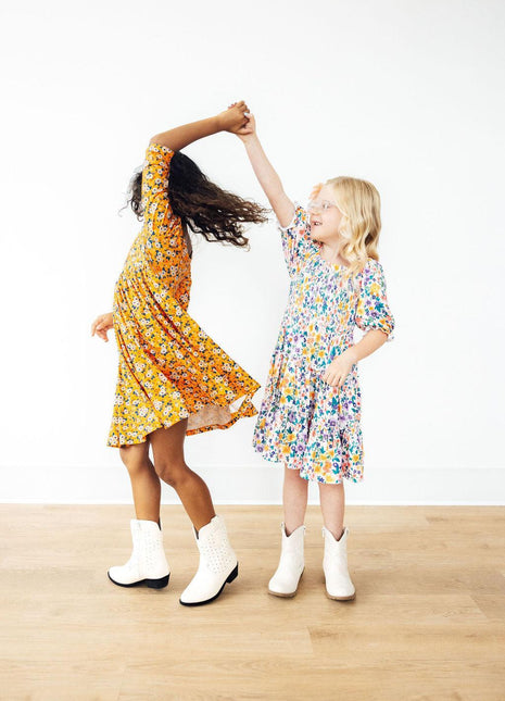 Model Wearing Mila & Rose Fall Floral 3/4 Sleeve Pocket Twirl Dress