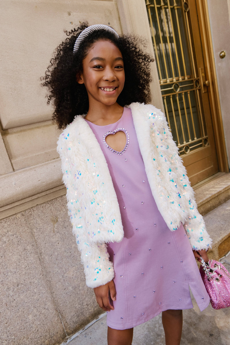 Model Wearing Lola And The Boys Snow Sparkle Plush Sequin Jacket