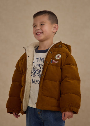 Model Wearing Rylee & Cru Cord Puffer Jacket || Golden