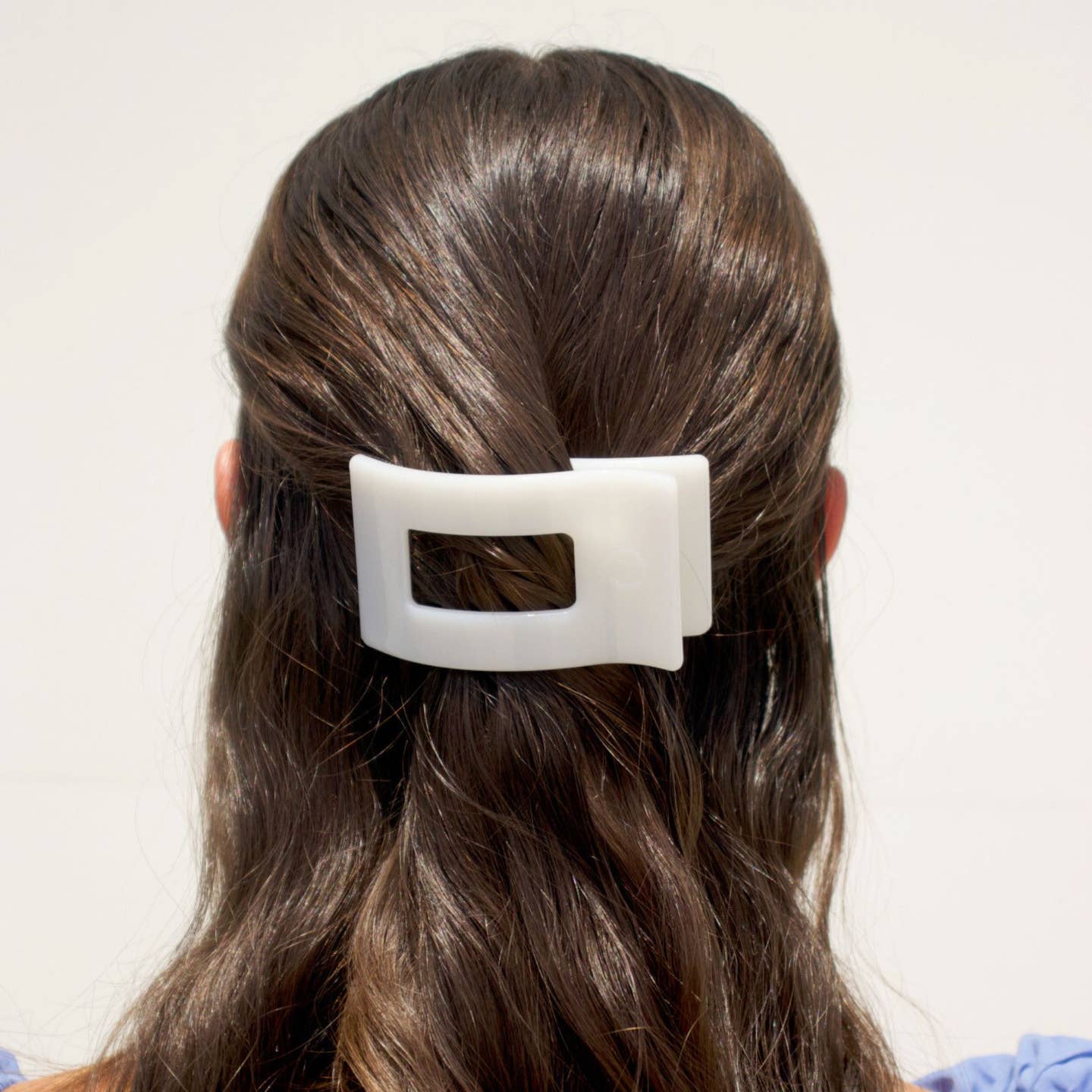 Model Wearing Teleties Flat Rectangle Hair Clip | Small | Coconut White 