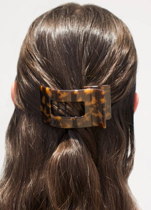 Model Wearing Teleties Flat Rectangle Hair Clip | Small | Tortoise
