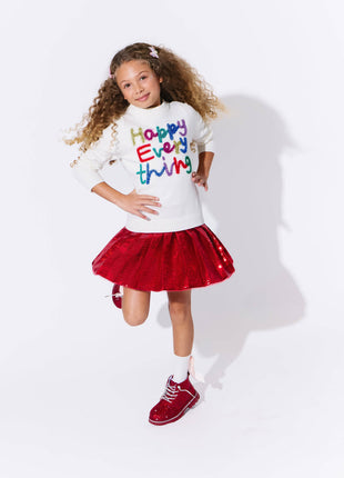 Model Wearing Lola And The Boys Scarlet Pleated Shimmer Skirt