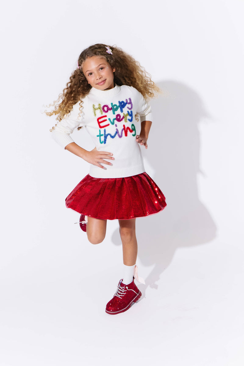 Model Wearing Lola And The Boys Scarlet Pleated Shimmer Skirt