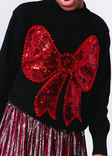 Model Wearing Lola And The Boys Big Bow Sweater