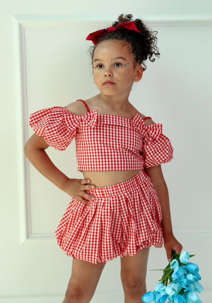 Model Wearing Lola And The Boys Plaid Bow Bubble Skort Set