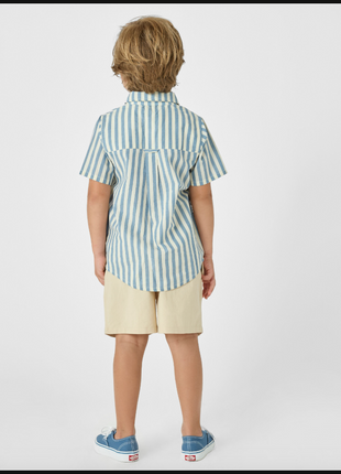 Model Wearing Pink Chicken Boys Jack Shirt - Blue Stripe Back