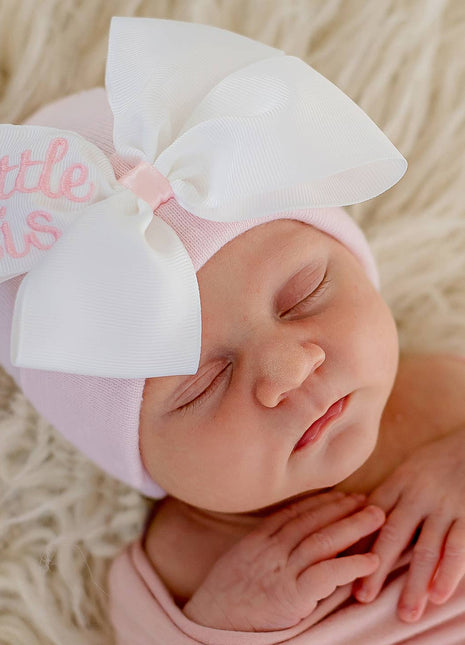 Ikybean Little Sis Ribbon Bow Hat For Baby Sisters - Newborn Girls