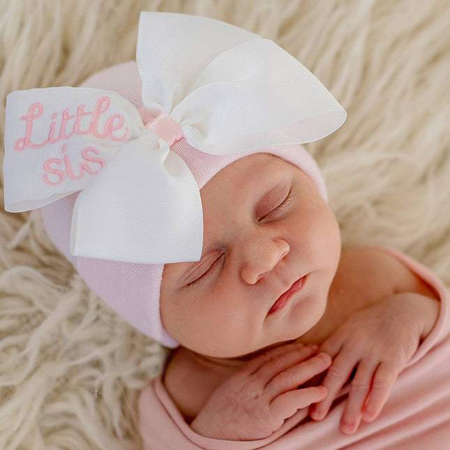 Ikybean Little Sis Ribbon Bow Hat For Baby Sisters - Newborn Girls