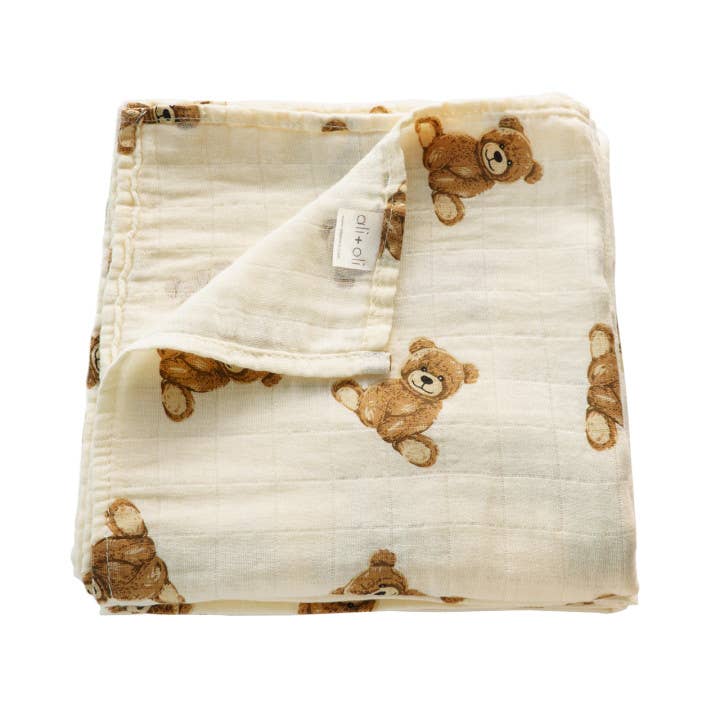 Ali + Oli Bamboo Muslin Swaddle Baby Blanket (Teddy Bear)