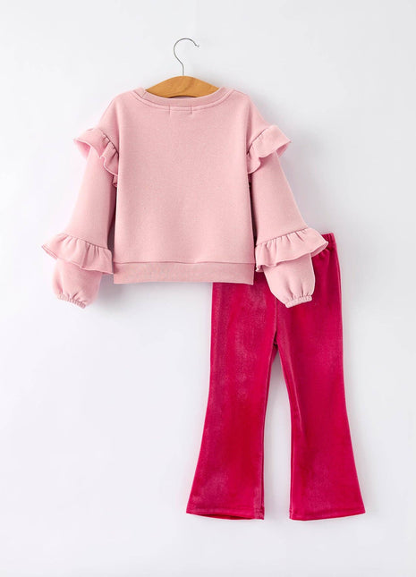 Rylee Faith Designs Girls Christmas Outfit – Pink “Santa Baby” Ruffle Sweatshirt & Velvet Bell-Bottom Pants Set