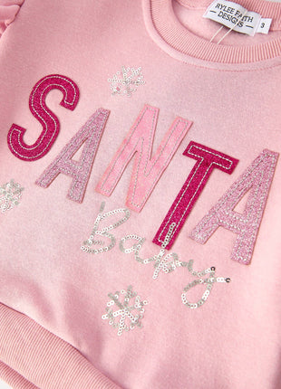 Rylee Faith Designs Girls Christmas Outfit – Pink “Santa Baby” Ruffle Sweatshirt & Velvet Bell-Bottom Pants Set