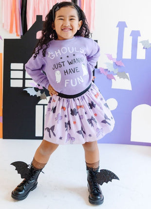 Model Wearing Sweet Winks Spooky Bows Halloween Tutu and Ghouls Just Wanna Have Fun Halloween Sweatshirt - Lavender