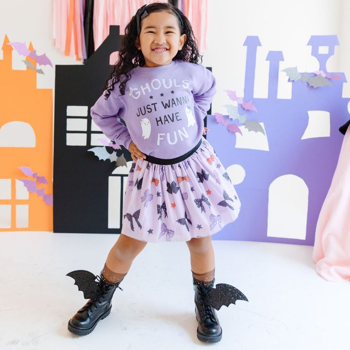 Model Wearing Sweet Winks Spooky Bows Halloween Tutu and Ghouls Just Wanna Have Fun Halloween Sweatshirt - Lavender