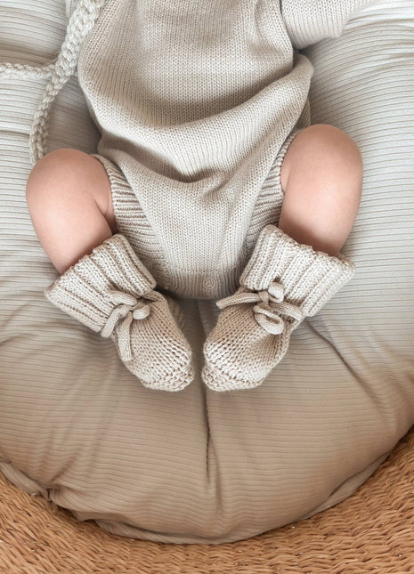 Model Wearing Pine Kids Knit Romper - Oat