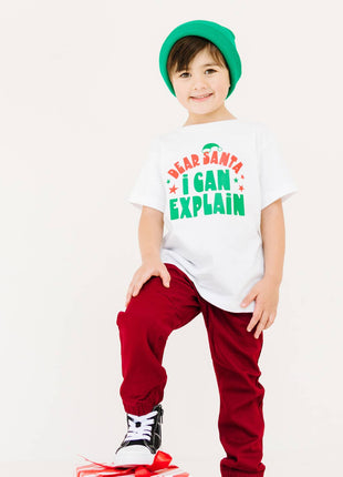 Model Wearing Benny & Ray Apparel Dear Santa I Can Explain Kids Christmas Shirt