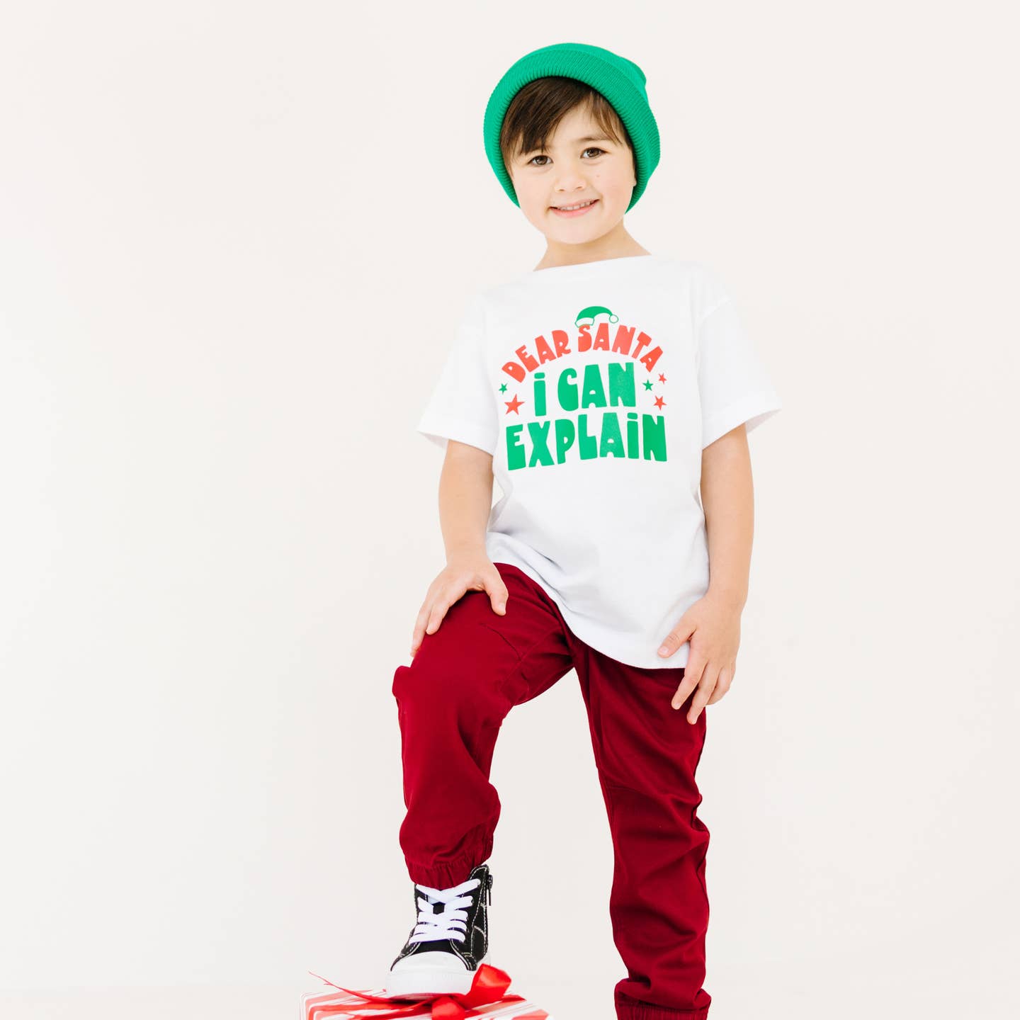 Model Wearing Benny & Ray Apparel Dear Santa I Can Explain Kids Christmas Shirt