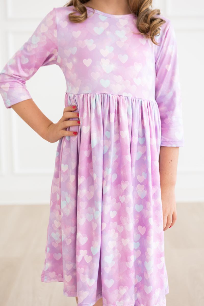 Model Wearing Mila & Rose Love Story 3/4 Sleeve Pocket Twirl Dress