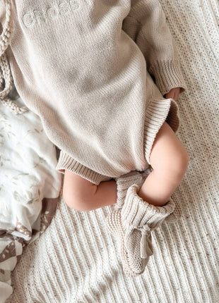 Model Wearing Pine Kids Knit Booties - Oat