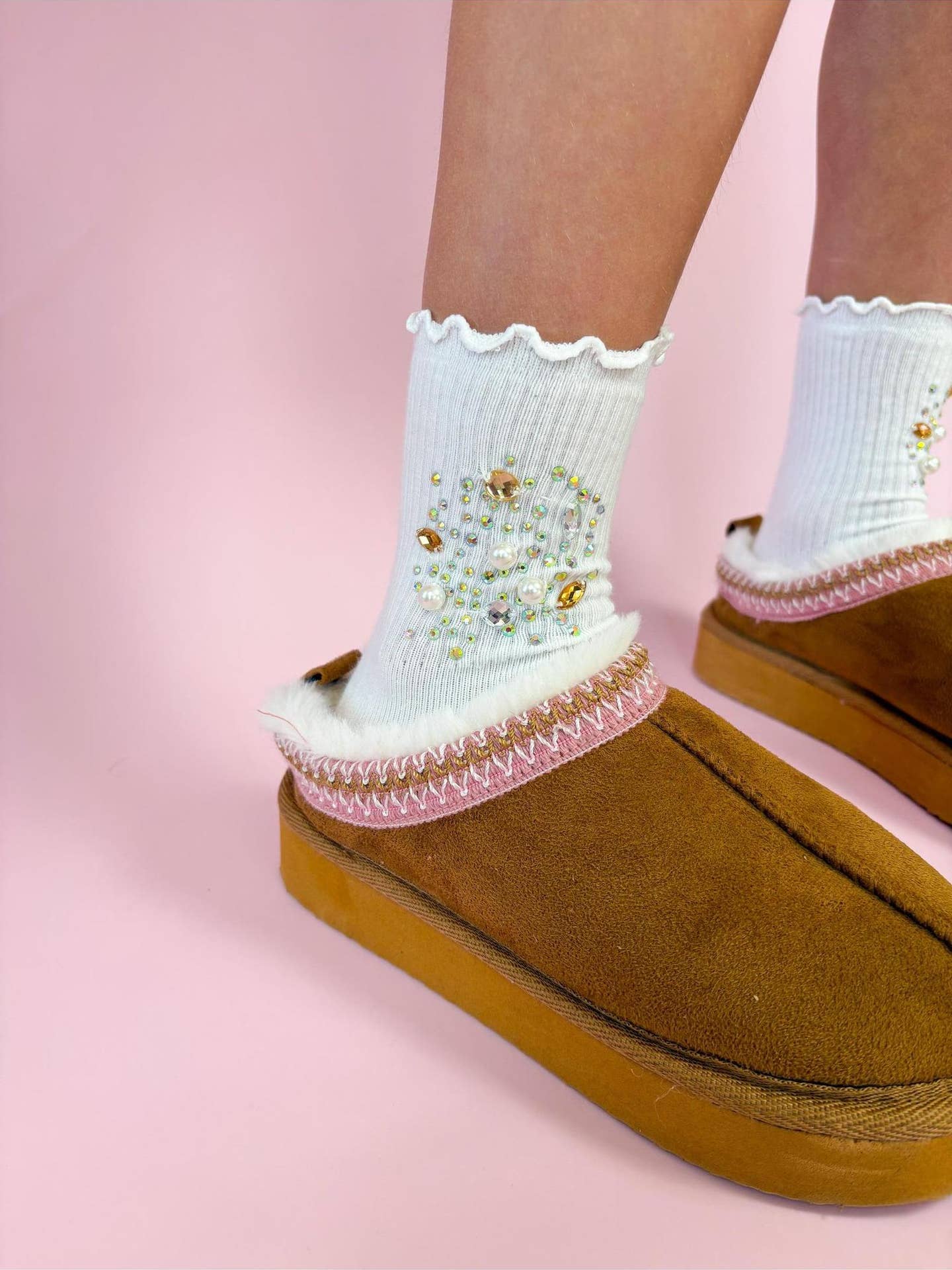 Model Wearing Three Wildflower Designs Silver and Gold Gem High Socks
