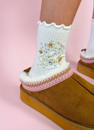 Model Wearing Three Wildflower Designs Silver and Gold Gem High Socks