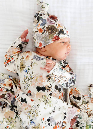 Model Wearing Lou Lou & Company Nellie Top Knot Hat & Swaddle Blanket