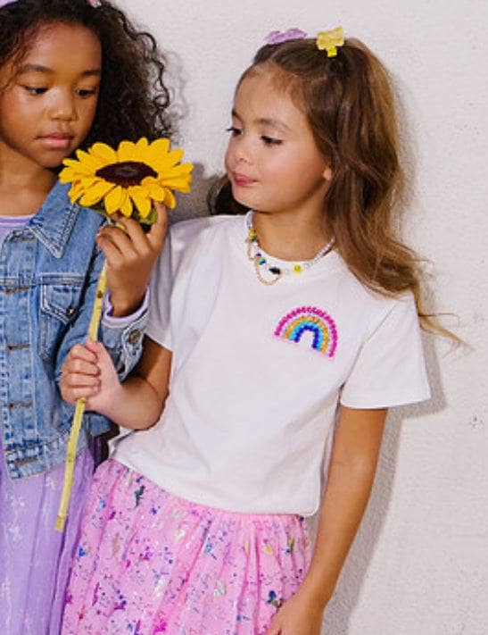 Model Wearing Lola And The Boys Rainbow Daily Reminders T-shirt