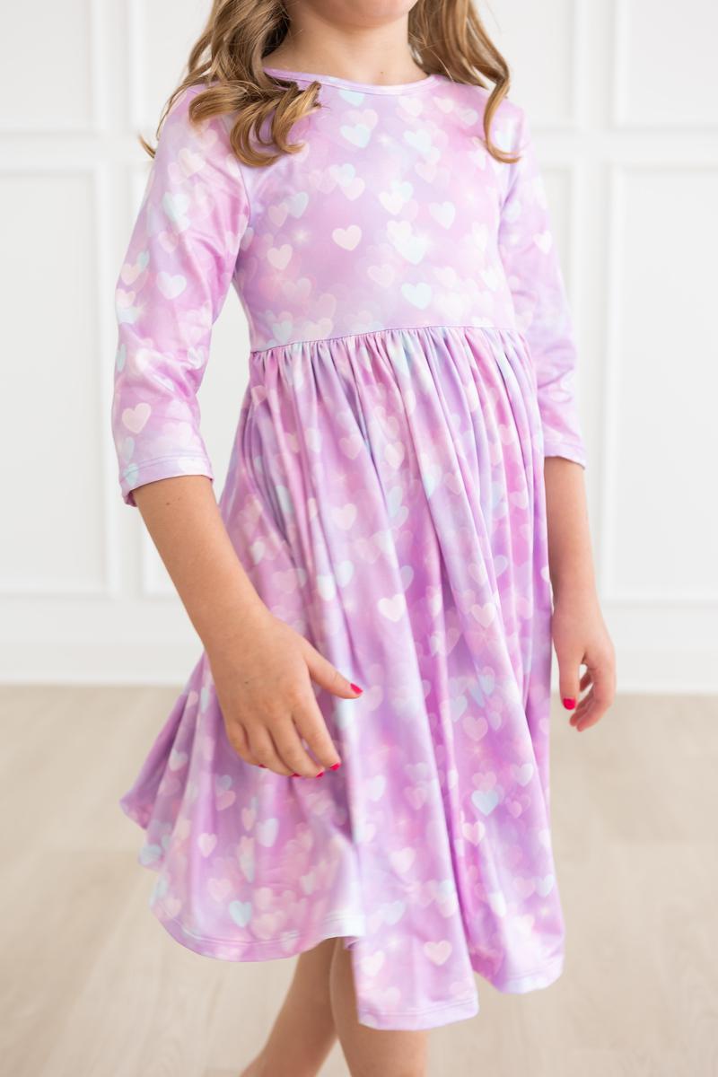 Model Wearing Mila & Rose Love Story 3/4 Sleeve Pocket Twirl Dress