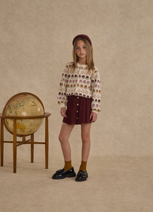 Model Wearing Rylee & Cru Button Front Mini Skirt || Burgundy