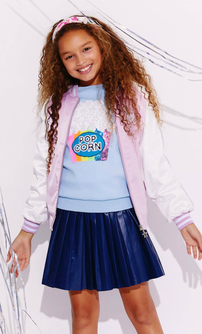Model Wearing Lola And The Boys Pearls and Popcorn Sweatshirt