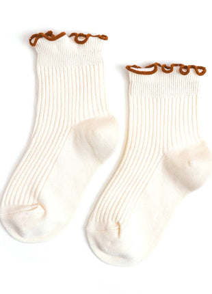 Little Stocking Co. Ribbed Lettuce Trim Midi Socks - Ivory/Sugar Almond