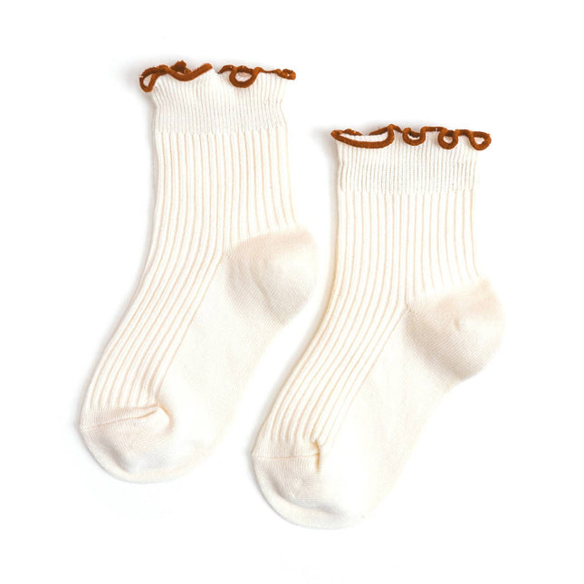 Little Stocking Co. Ribbed Lettuce Trim Midi Socks - Ivory/Sugar Almond